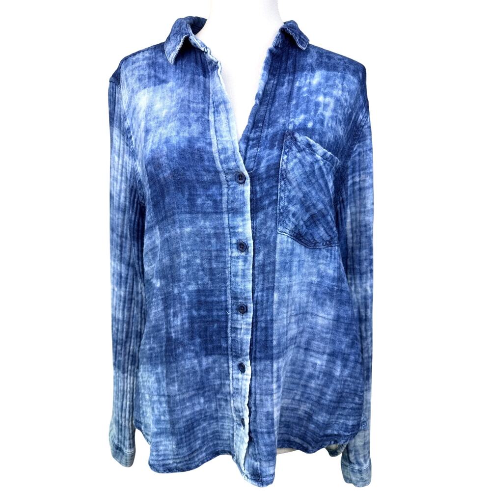 Cloth & Stone Blue Tie Dye Button Front Blouse M Lightweight Boho Top - Picture 2 of 7
